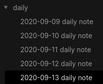 Image of my daily folder, with a few notes inside. They’re titled “daily note”, and then the date in YYYY-MM-DD format.