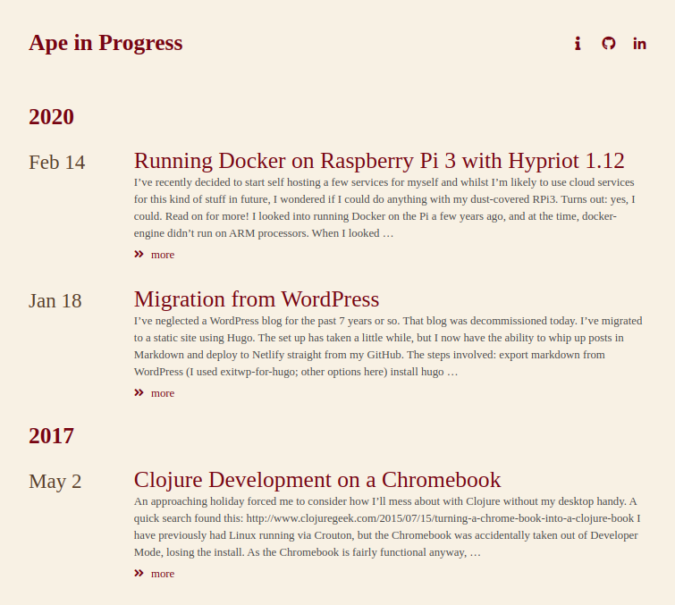Screenshot of old Hugo theme form my blog, all serifed text, dark red headers, beige background